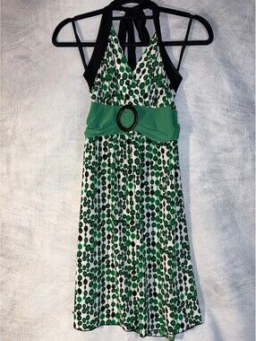 Vanity Green Black Polka Dot Halter Dress Women's Large Made in USA